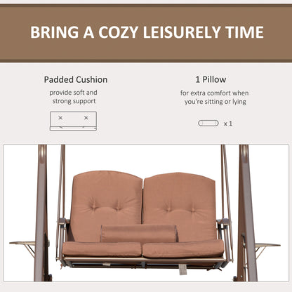 Outdoor 2-Person Patio Swing Chair Canopy Adjustable Shade Cushions Pillow Tray Brown