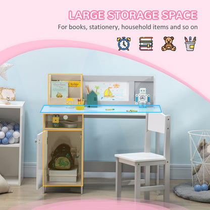 2Pcs Kids Desk Chair Set with Whiteboard Storage Shelves Study Furniture Grey
