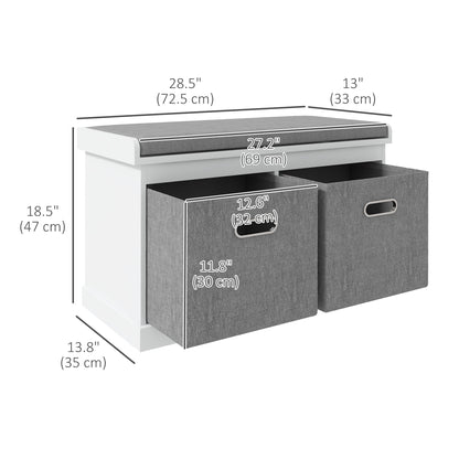 Shoe Storage Entryway Bench Seat with Cushion 2 Fabric Drawers for Hallway White