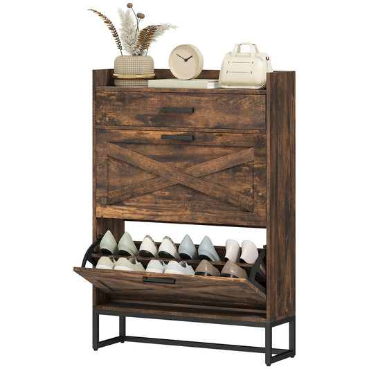 Narrow Shoe Cabinet Organizer: 2 Flip Drawers, Adjustable Shelves for 12 Pairs, Rustic Brown Kids Crystal