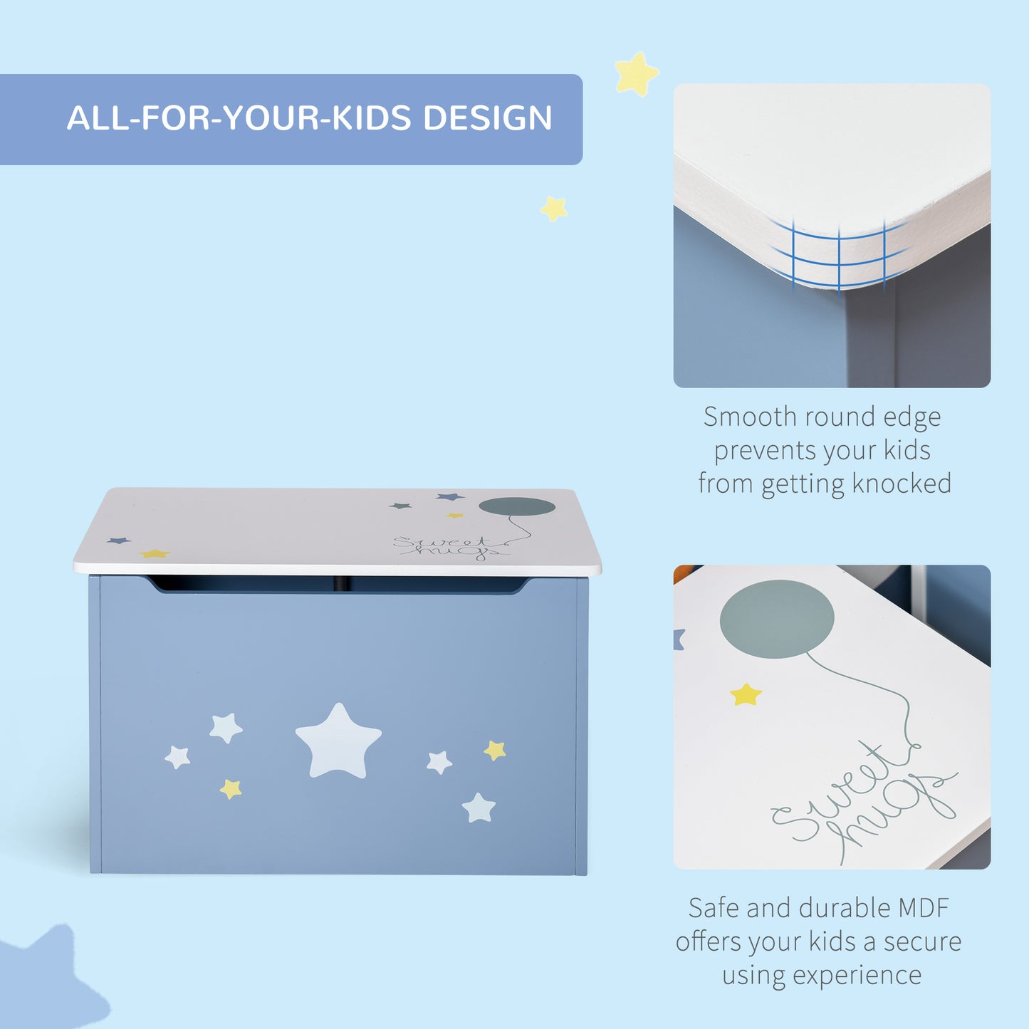 Wooden Toy Storage Box Organizer Chest with Seating Bench and Gas Stay Bar for Kids Room Blue Kids Crystal