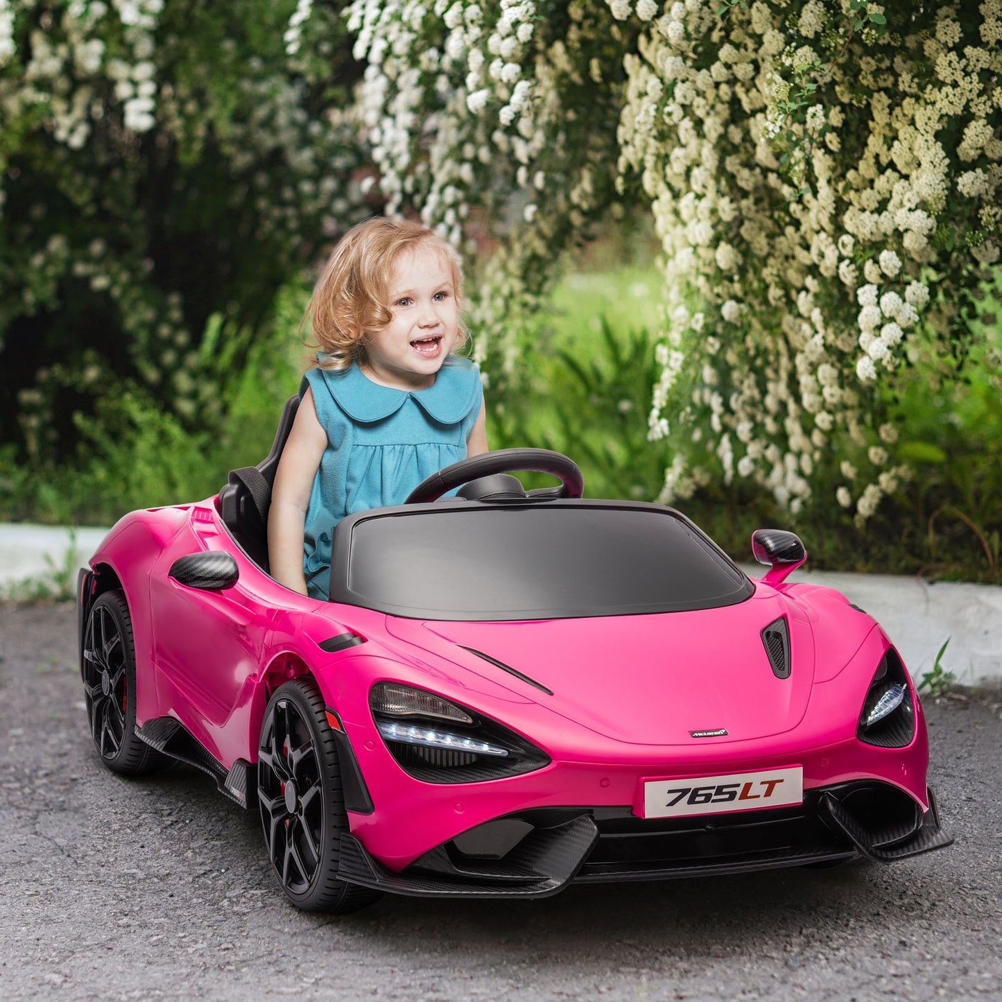 McLaren 765LT Licensed 12V Kids Electric Car w/ Scissor Doors, Training Wheels, Remote, Slow Start, Music Horn Pink Kids Crystal