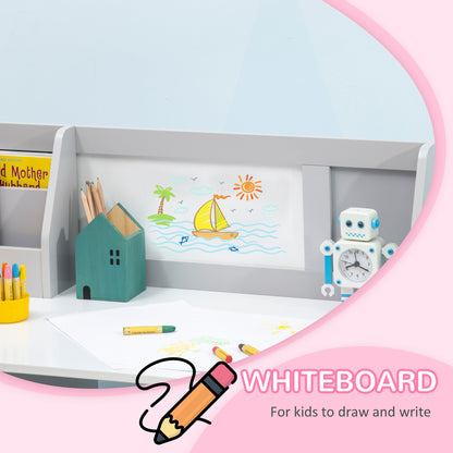 2Pcs Kids Desk Chair Set with Whiteboard Storage Shelves Study Furniture Grey