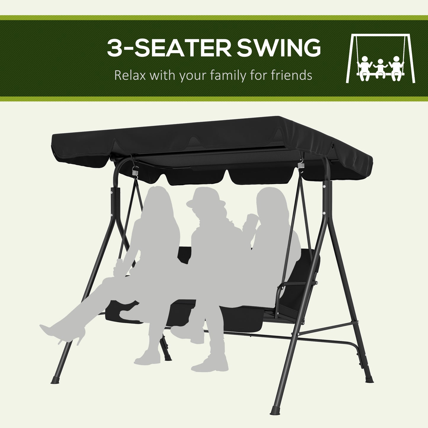 3-Seater Outdoor Porch Swing with Adjustable Canopy, Patio Swing Chair for Garden, Poolside, Backyard, Black Kids Crystal
