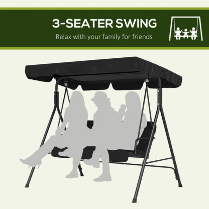3-Seater Outdoor Porch Swing with Adjustable Canopy, Patio Swing Chair for Garden, Poolside, Backyard, Black