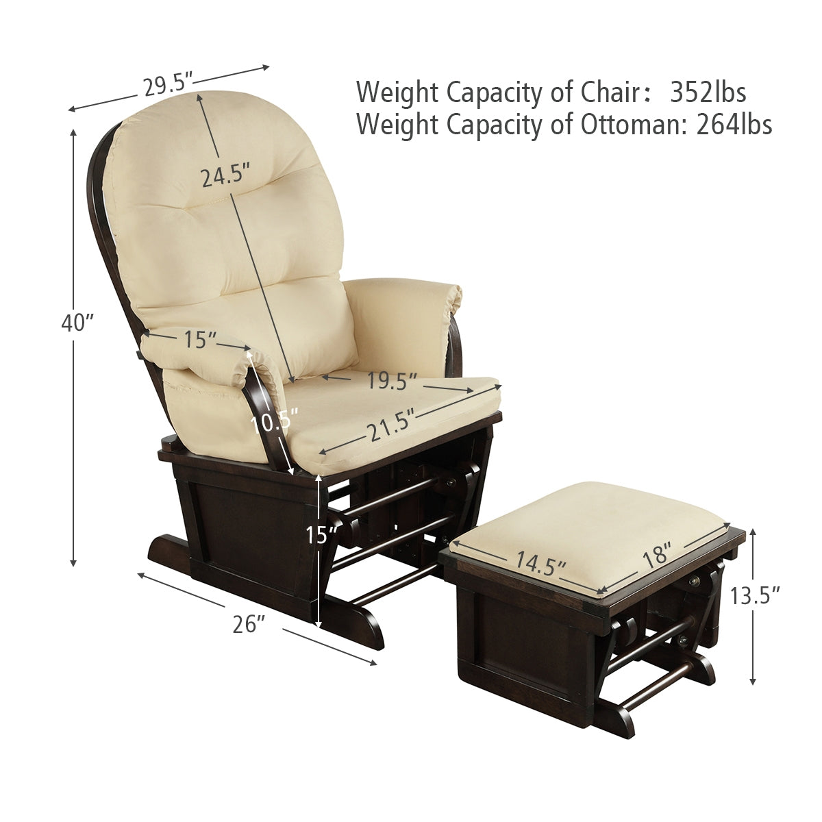 Wood Baby Glider and Ottoman Cushion Set with Padded Armrests for Nursing-Beige Kids Crystal