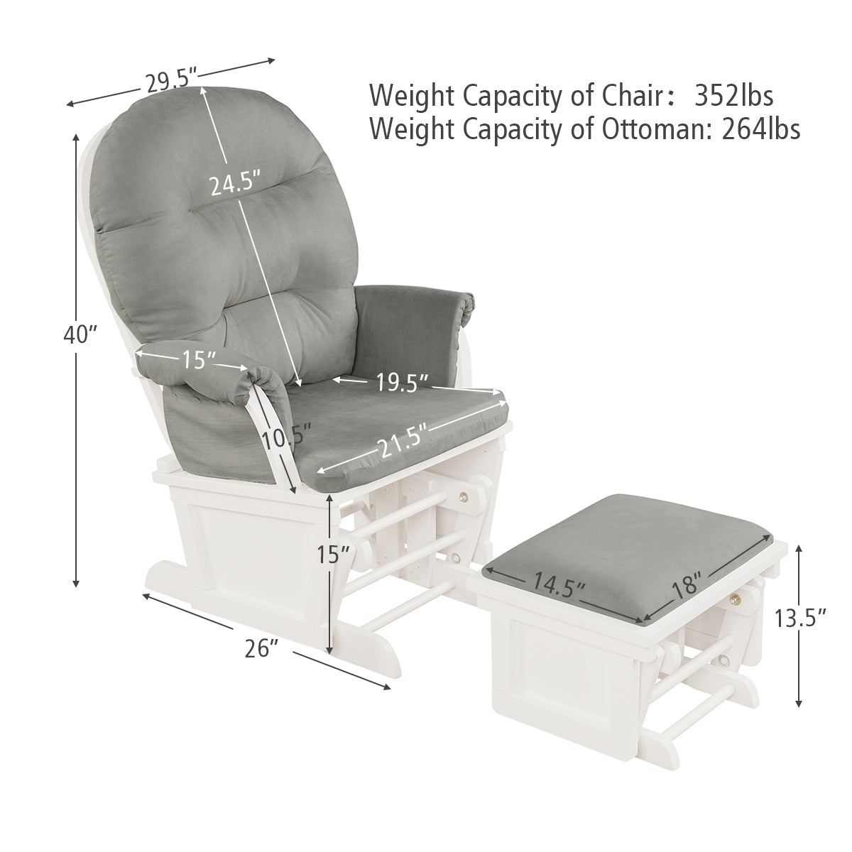 Wood Baby Glider and Ottoman Cushion Set with Padded Armrests-Light Gray