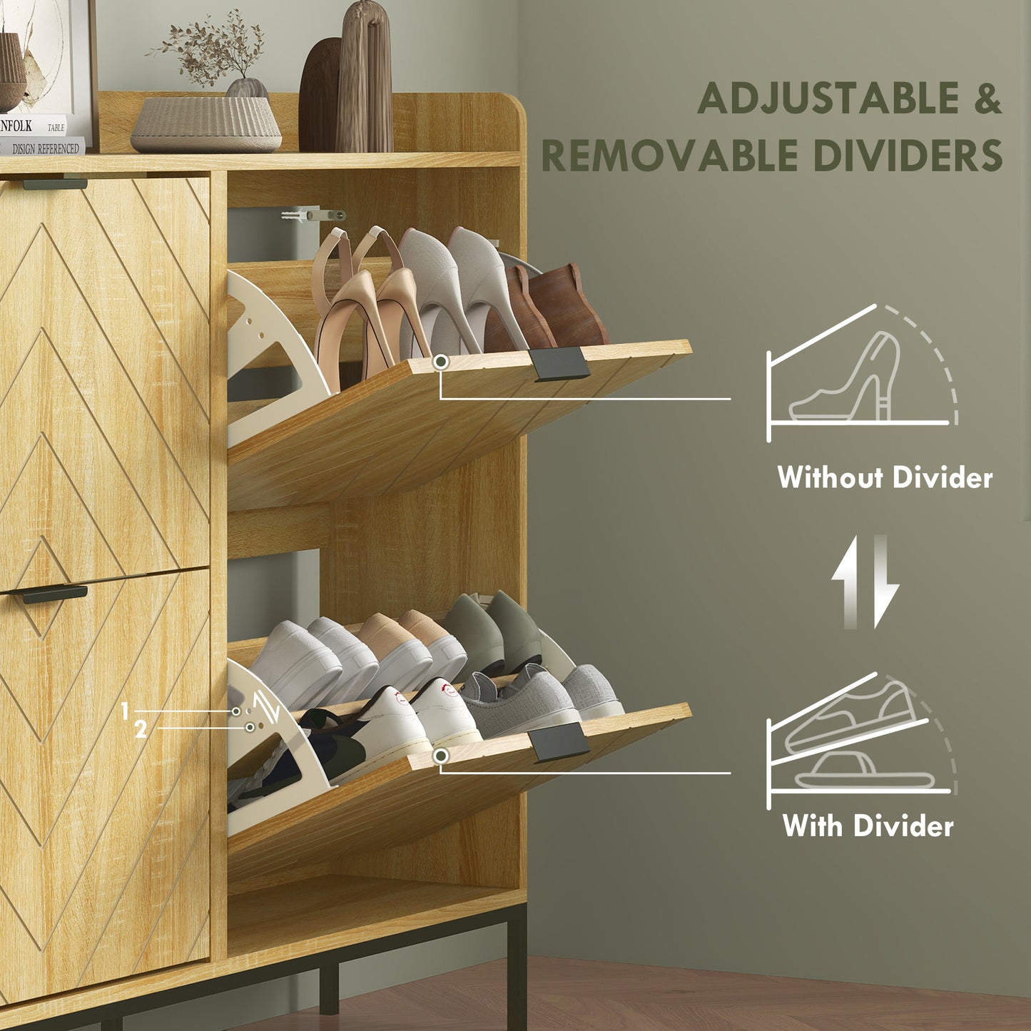 Narrow Shoe Storage Cabinet, Modern Slim Shoe Cabinet with 4 Flip Drawers, 16 Pairs of Shoes for Hallway, Entryway, Oak Kids Crystal