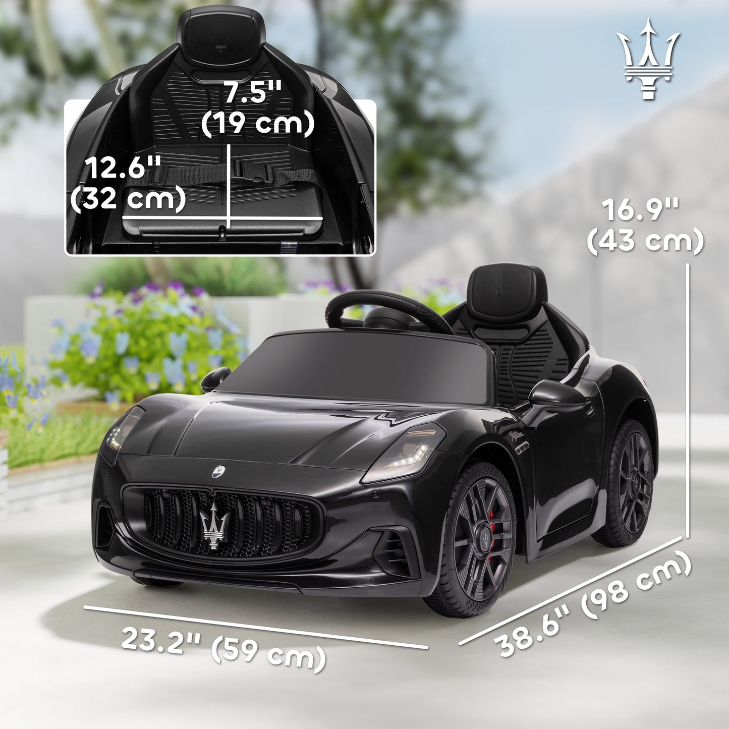 12V Maserati Gran Turismo Licensed Kids Electric Car w/ Remote Control, Soft Start, LED Lights, Music, Horn, MP3, Black Kids Crystal
