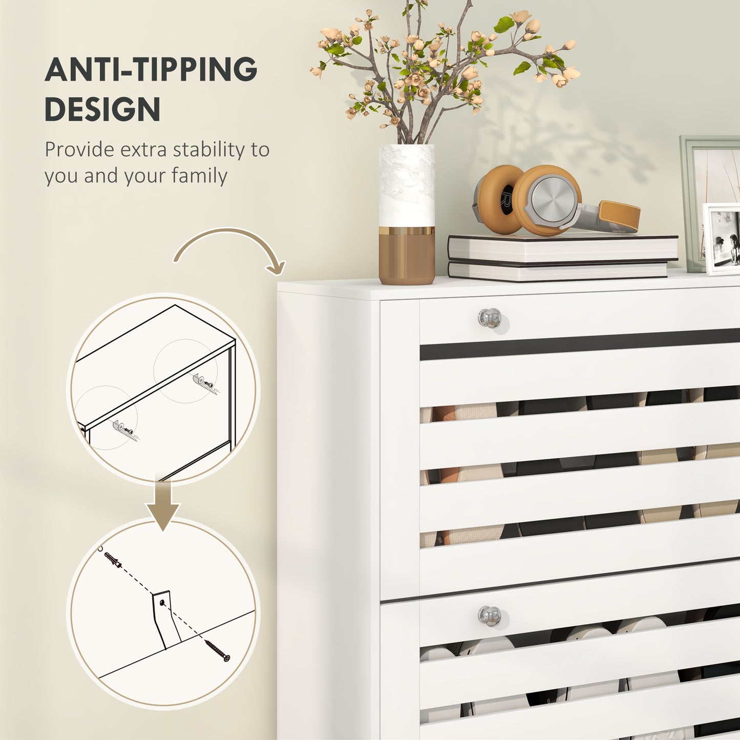 Narrow Shoe Storage Cabinet, 3 Flip Drawers, Adjustable Shelves, 24 Pairs Capacity, White Kids Crystal