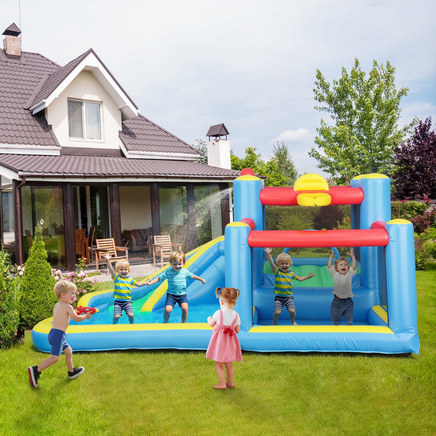 Bouncy Castle for Kids with 550W Blower, Water Slide, 2 Splash Pools, Basketball Hoop, Dart Board,12.6' x 9.5' x 5.9' Kids Crystal