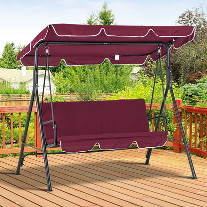 Meatal 3-Seater Outdoor Porch Swing with Stand Cushioned Garden Lounger Patio Hammock with Frame and Canopy, Wine Red