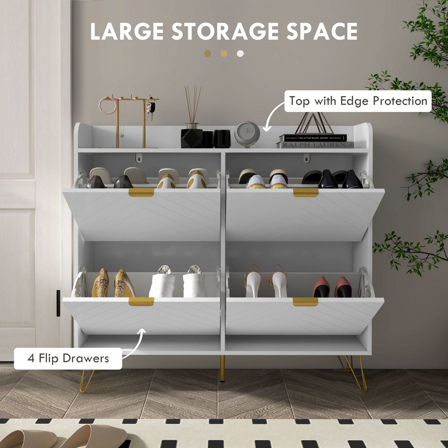 Shoe Storage Cabinet with 4 Flip Drawers Adjustable Shelf 16 Pairs of Shoes Cabinet White Kids Crystal