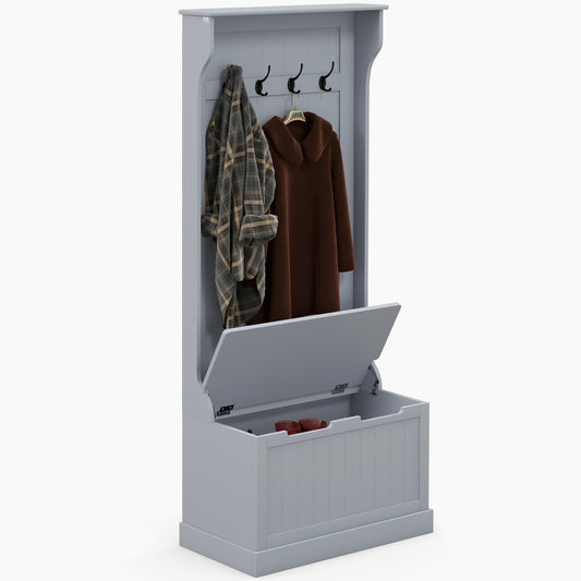 3-In-1 Hall Tree with Coat Rack, Shoe Storage and Bench Seat, Entryway Bench with 4 Hooks for Hallway, Living Room, Grey