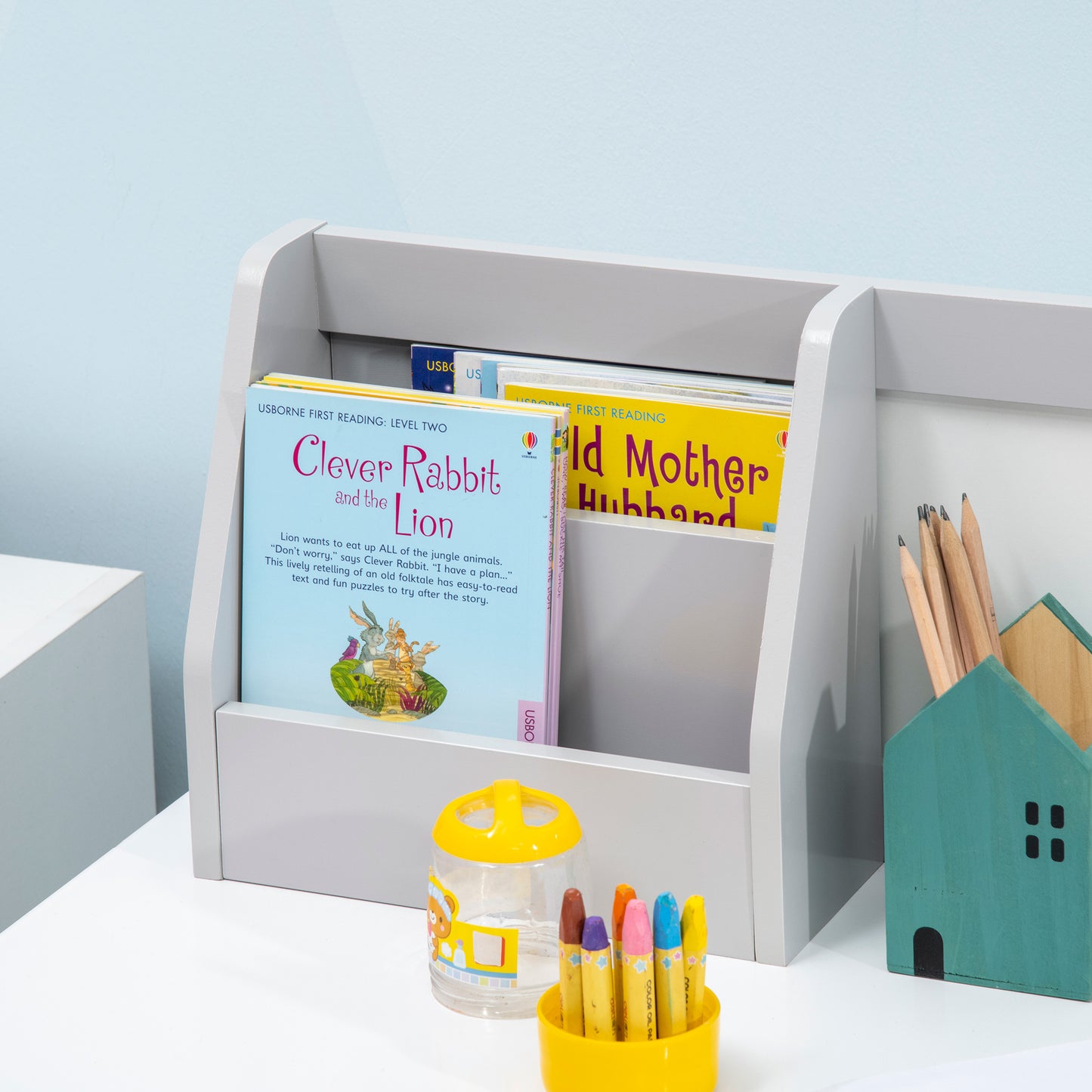 2Pcs Kids Desk Chair Set with Whiteboard Storage Shelves Study Furniture Grey Kids Crystal