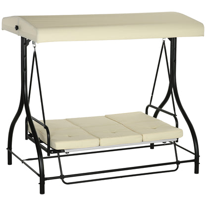 Convertible Patio Swing Bed with Canopy and Cushions, 3 Seater Porch Swing for Outdoor, Backyard, Garden, Beige