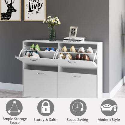 Entryway Shoe Organizer, Modern Wooden Shoe Rack Cabinet with 4 Flip Down Drawers, Ample Storage Space in White