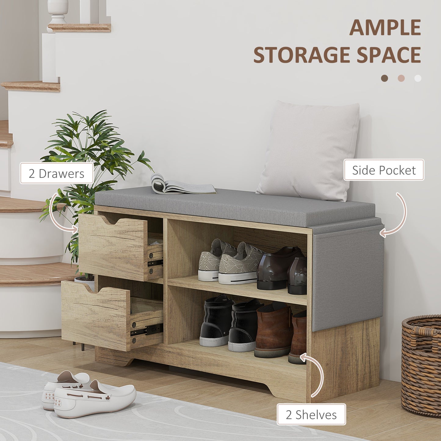 Upholstered Shoe Storage Bench w/ Seat, Entrance Bench w/ Drawer Open Shelves and Pocket for Hallway, Grey Kids Crystal