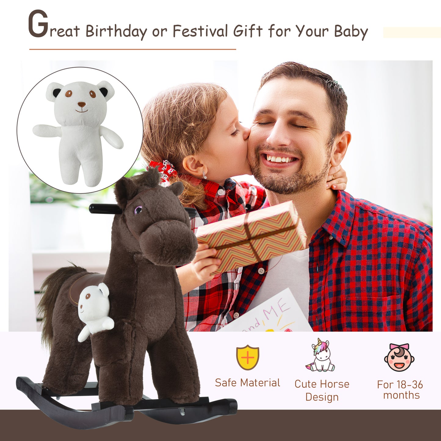 Children's Plush Rocking Horse - Cozy Bear Ride-On Toy with Realistic Sounds, Soft Seat for Kids, Brown Kids Crystal