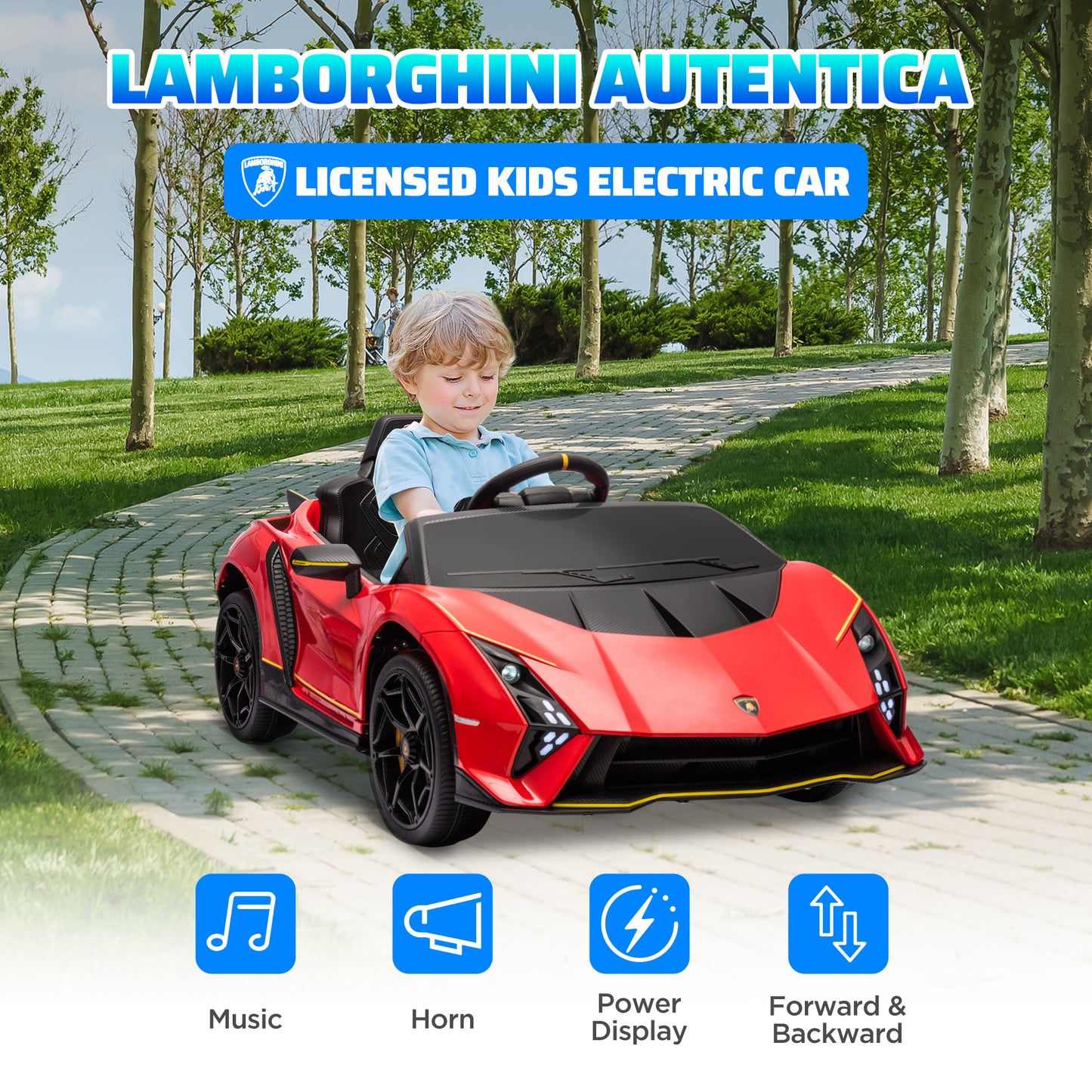 12V Lamborghini Autentica Licensed Kids Car with Remote Control, 4 Wheels Spring Suspension, Soft Start, Red Kids Crystal