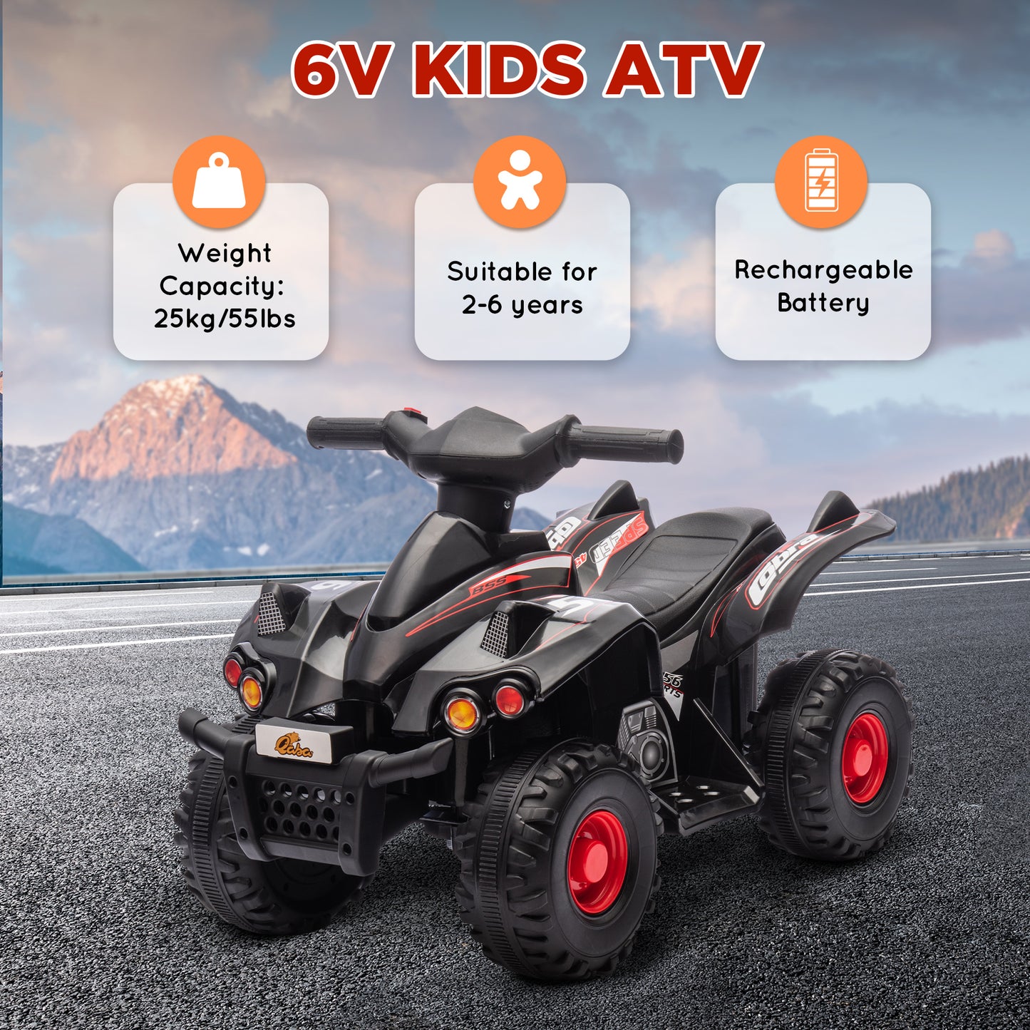 6V Kids ATV Quad w/ Music, Forward, for 2-6 Years, Black Kids Crystal