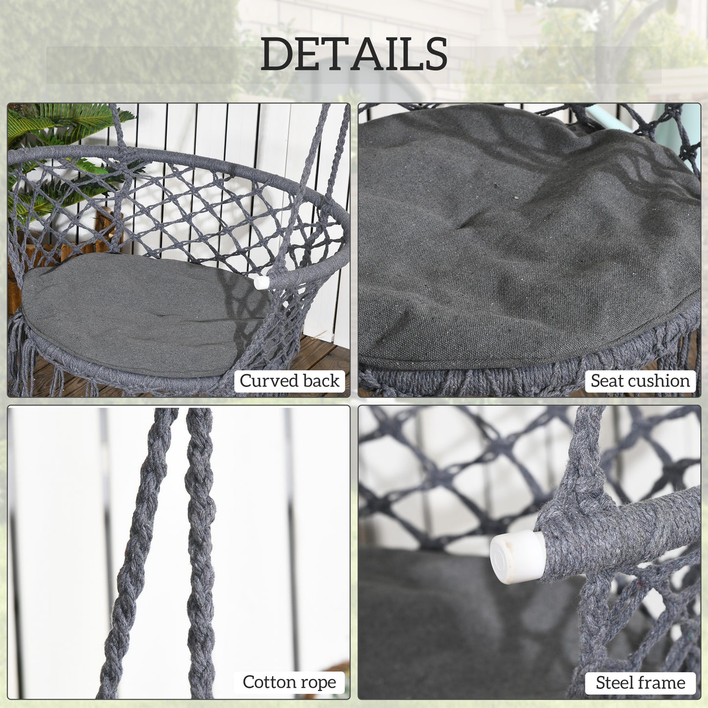 Cotton Rope Hanging Hammock Chair Porch Swing with Metal Frame and Cushion Comfortable Dark Grey Kids Crystal