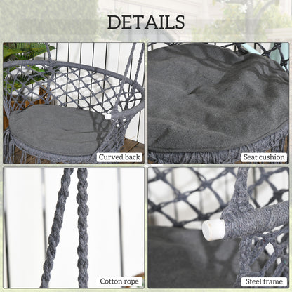 Cotton Rope Hanging Hammock Chair Porch Swing with Metal Frame and Cushion Comfortable Dark Grey
