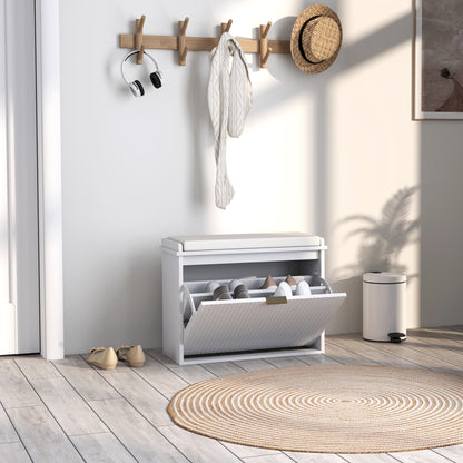 Entryway Bench with Padded Seat and Flip-Drawers, Holds up to 265lbs, Shoe Storage Bench for 6 Pairs of Shoes, White