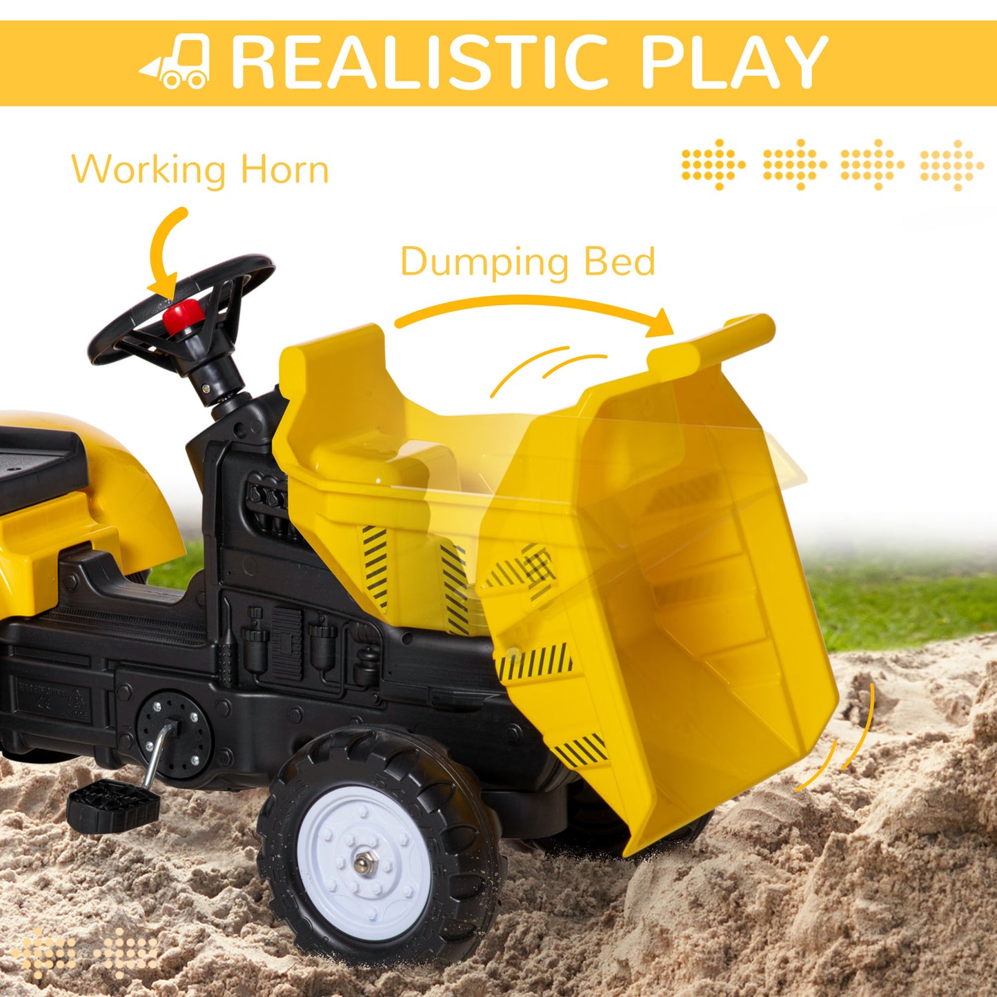 Yellow Pedal Ride On Dump Truck Front Loader Kids Ride-On Construction Tractor with Trailer Kids Crystal