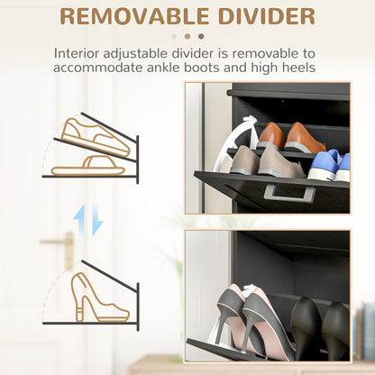 Compact Shoe Haven: 2 Flip Drawer Cabinet with Adjustable Shelves for 10 Pairs of Shoes, Black Finish