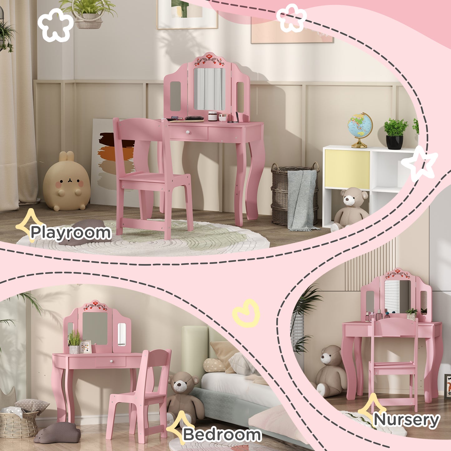 Kids Vanity Set, Dual-Use Dressing Table with Removable Tri-Folding Mirror and Drawer, for Ages 3-8, Pink Kids Crystal