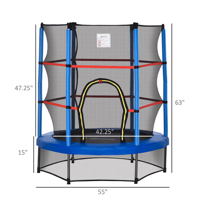 55" Kids Trampoline Enclosure Net Steel Frame Indoor Round Bouncer Rebounder 3-6 Years Blue Toy