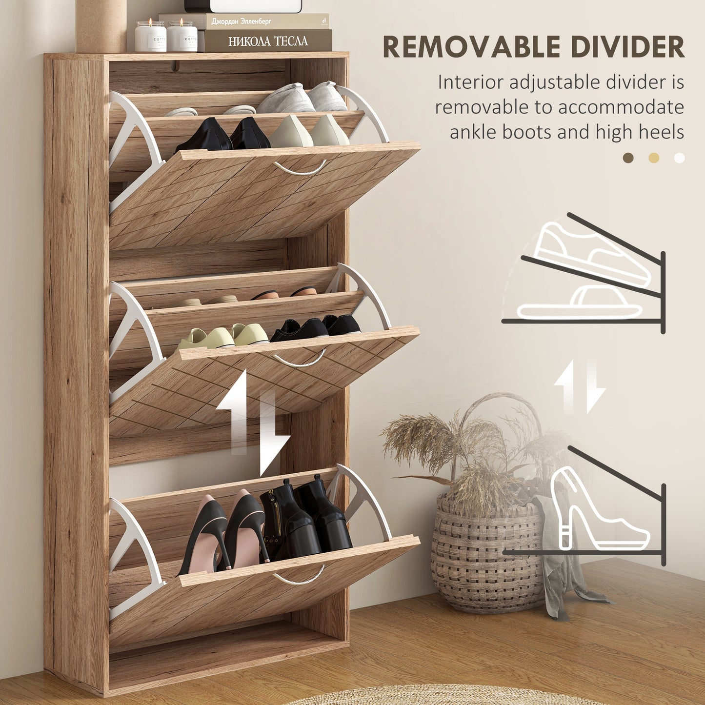 Narrow Slim Shoe Storage Cabinet with 3 Flip Drawers 12 Pair Shoes Organizer for Hallway Entryway Nature Wood Kids Crystal