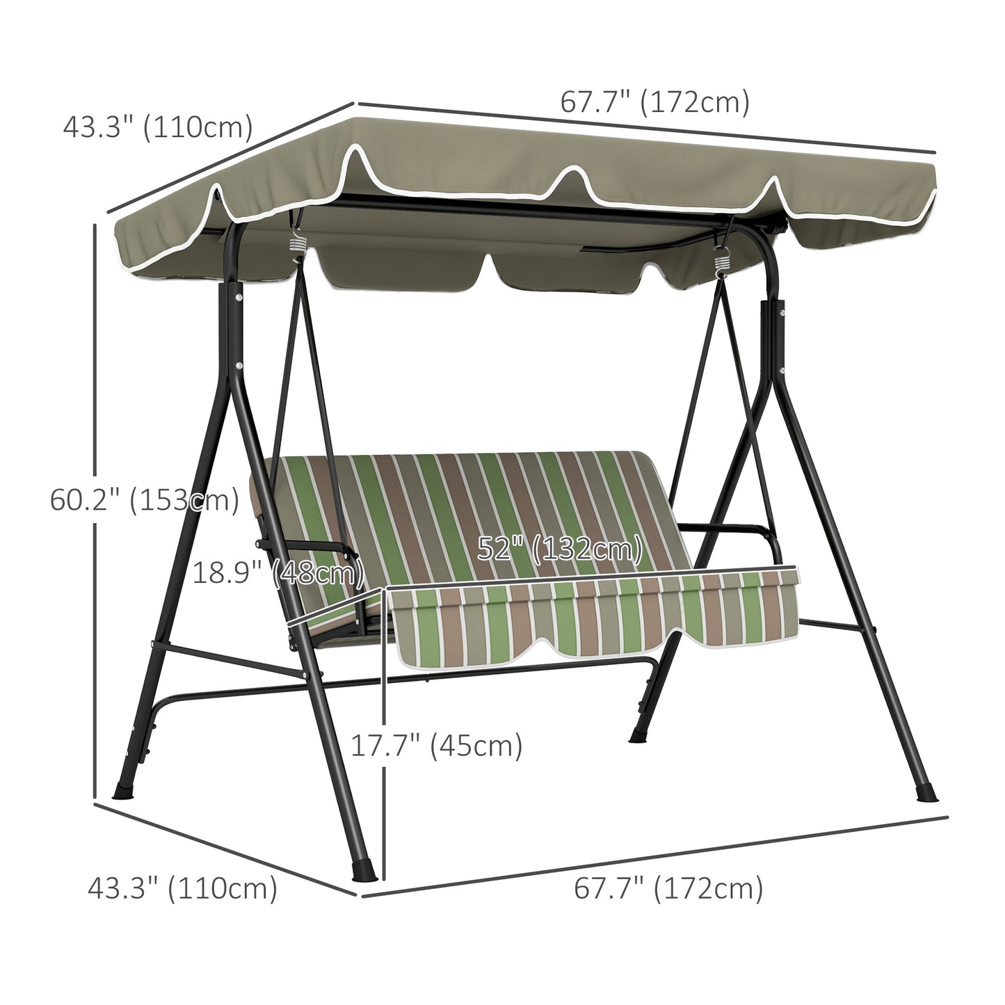 3-Seater Porch Swing with Adjustable Canopy - Outdoor Patio Swing Chair, Garden, Poolside, Green/Brown Kids Crystal