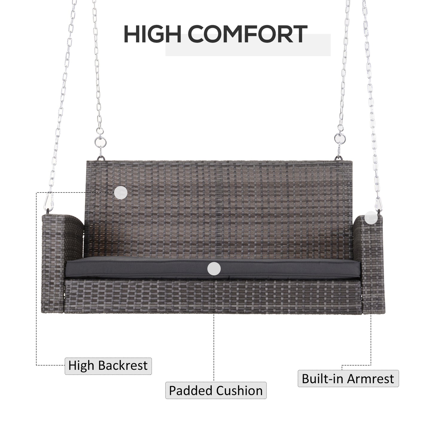 2-person Outdoor Wicker Porch Swing Chair Garden Rattan Hanging Bench with Cushion Yard Double Hammock Sun Lounge Seat, Grey Kids Crystal