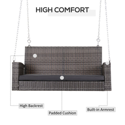 2-person Outdoor Wicker Porch Swing Chair Garden Rattan Hanging Bench with Cushion Yard Double Hammock Sun Lounge Seat, Grey