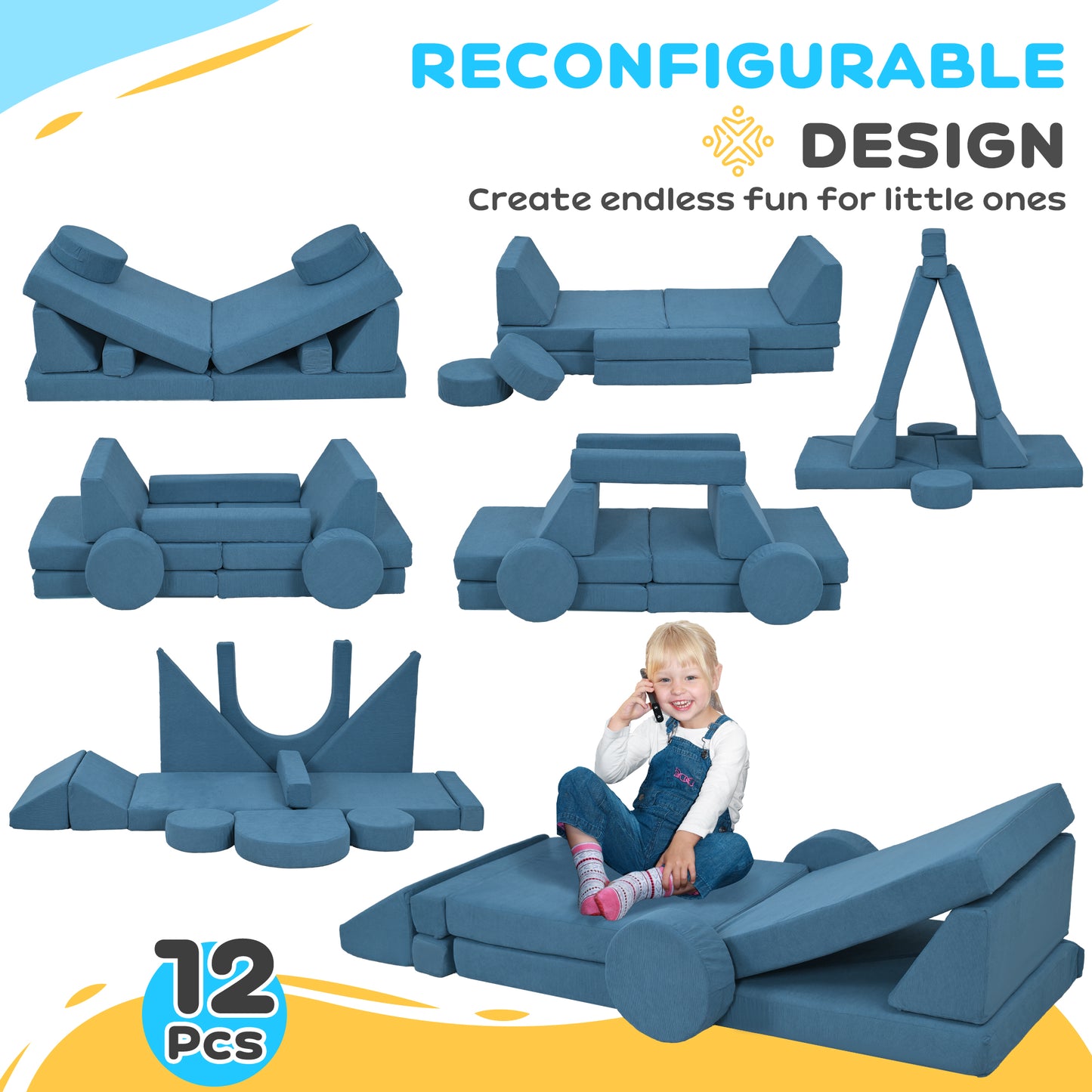 12-Piece Modular Kids Play Couch Building Fort for Playroom Bedroom, Convertible Kids Sofa, Blue