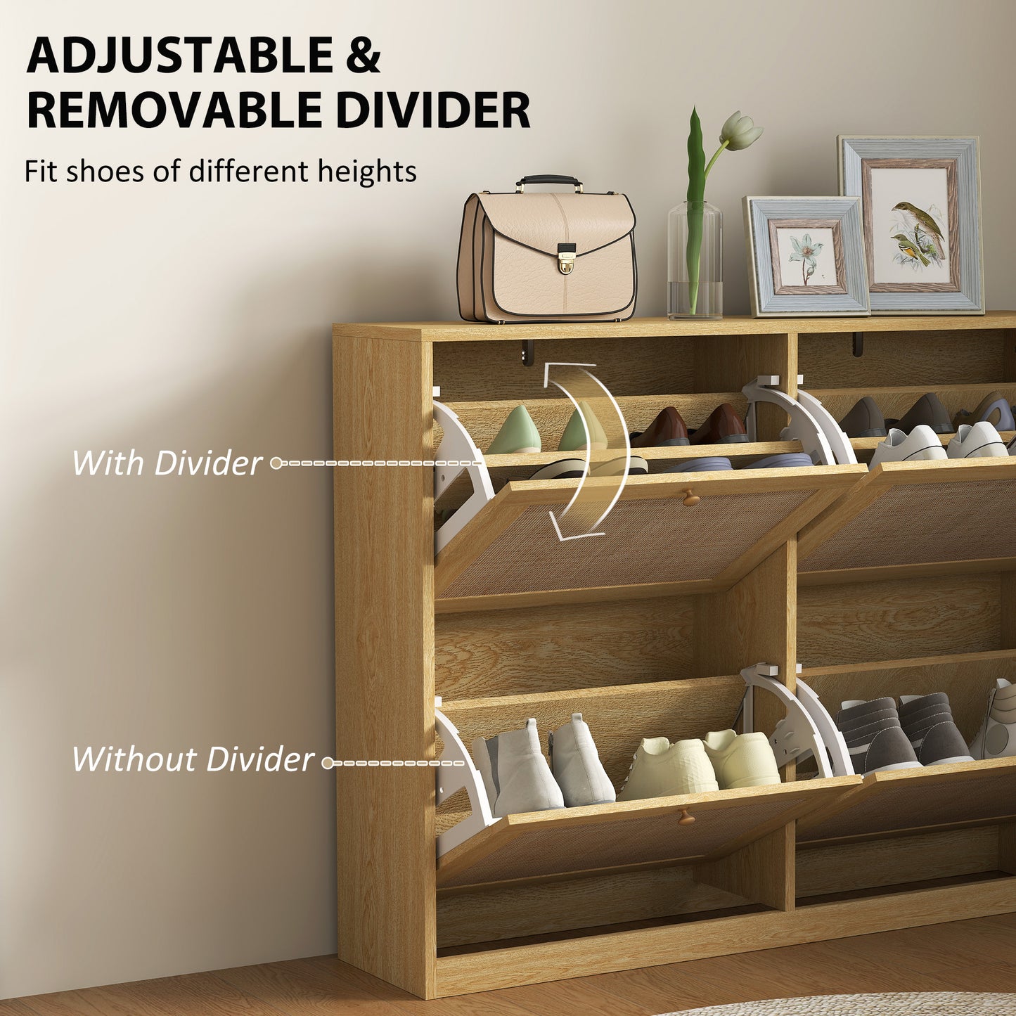 Narrow Shoe Storage Cabinet, Rattan Shoe Cabinet with 4 Flip Drawers and Adjustable Shelves for 20 Pairs, Oak Kids Crystal