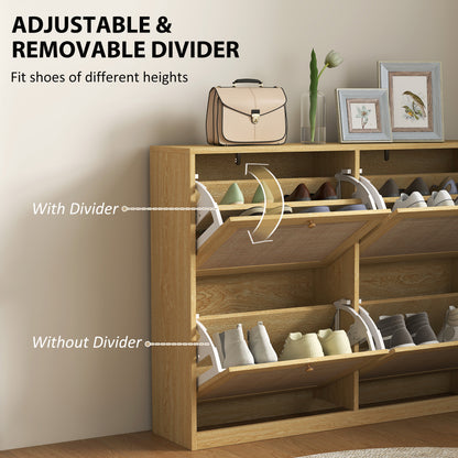 Narrow Shoe Storage Cabinet, Rattan Shoe Cabinet with 4 Flip Drawers and Adjustable Shelves for 20 Pairs, Oak