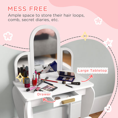 Kids Dressing Table and Chair Set, Girls Dressing Set, Makeup Desk with Drawer for 3-6 Years Old Kids, White