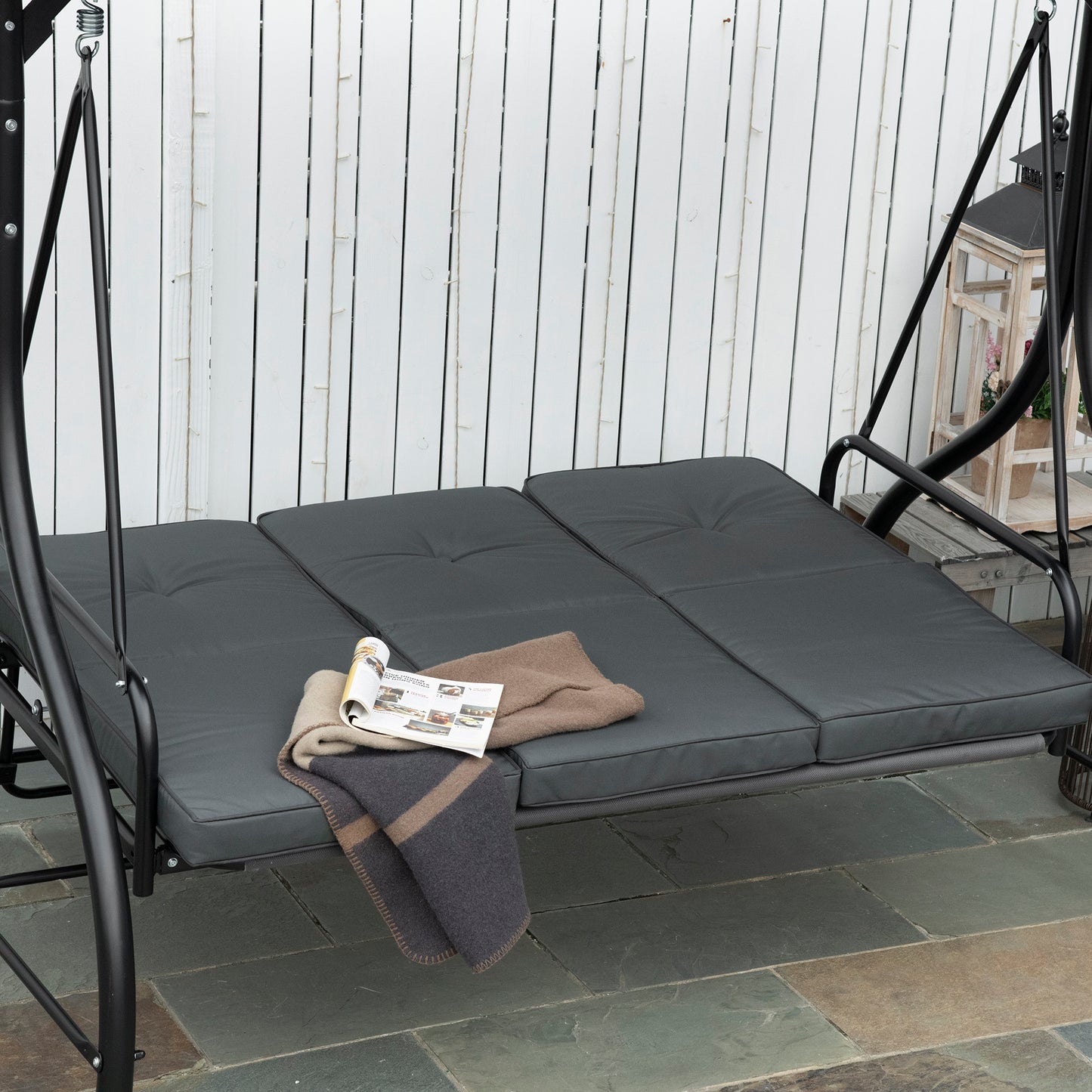 Patio Swing Bed Convertible 3 Seater with Adjustable Canopy Cushions Dark Grey