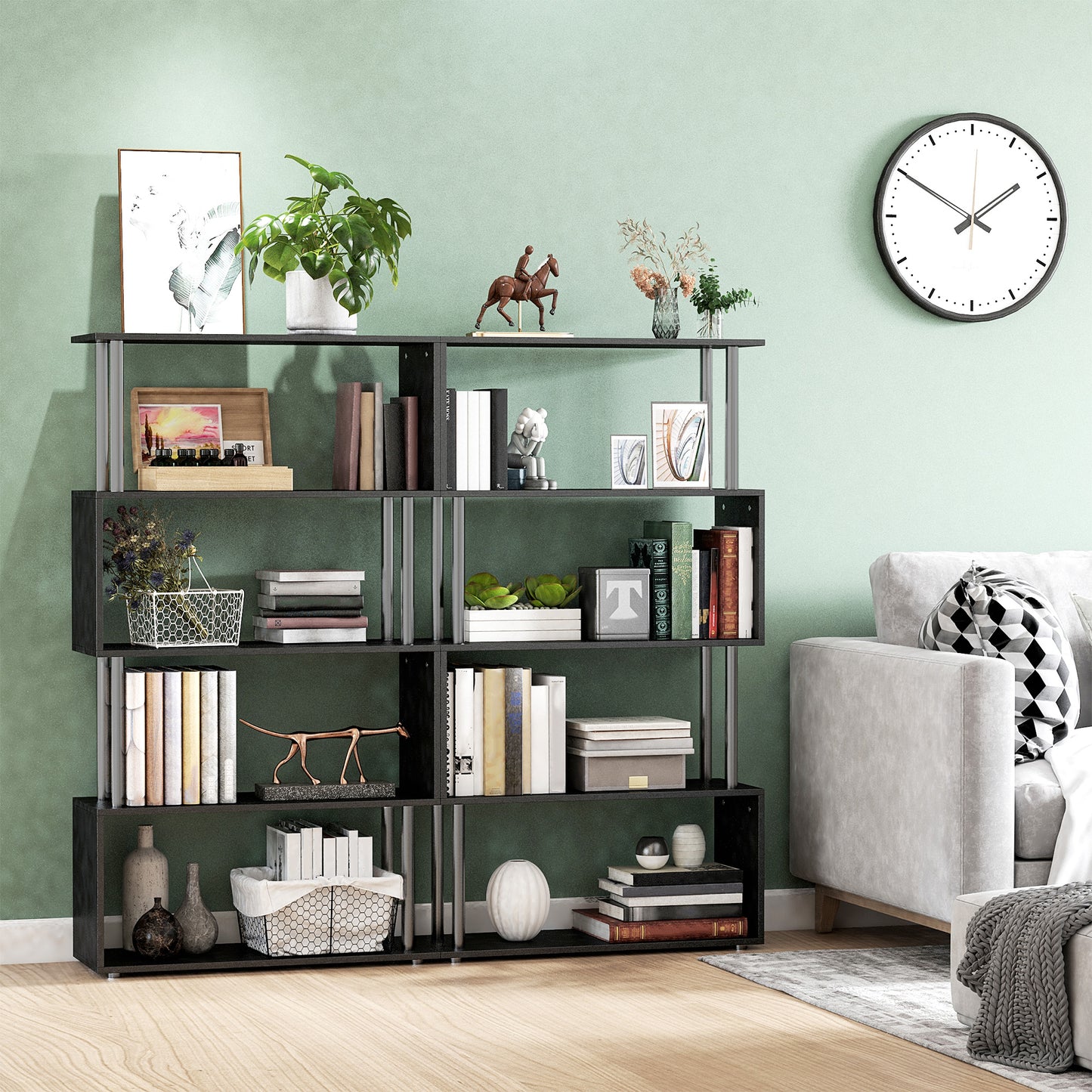 5-Tier Z-Shape Bookcase: Wooden Shelves with Steel Frame for Living Room, Bedroom, Office, Black Kids Crystal