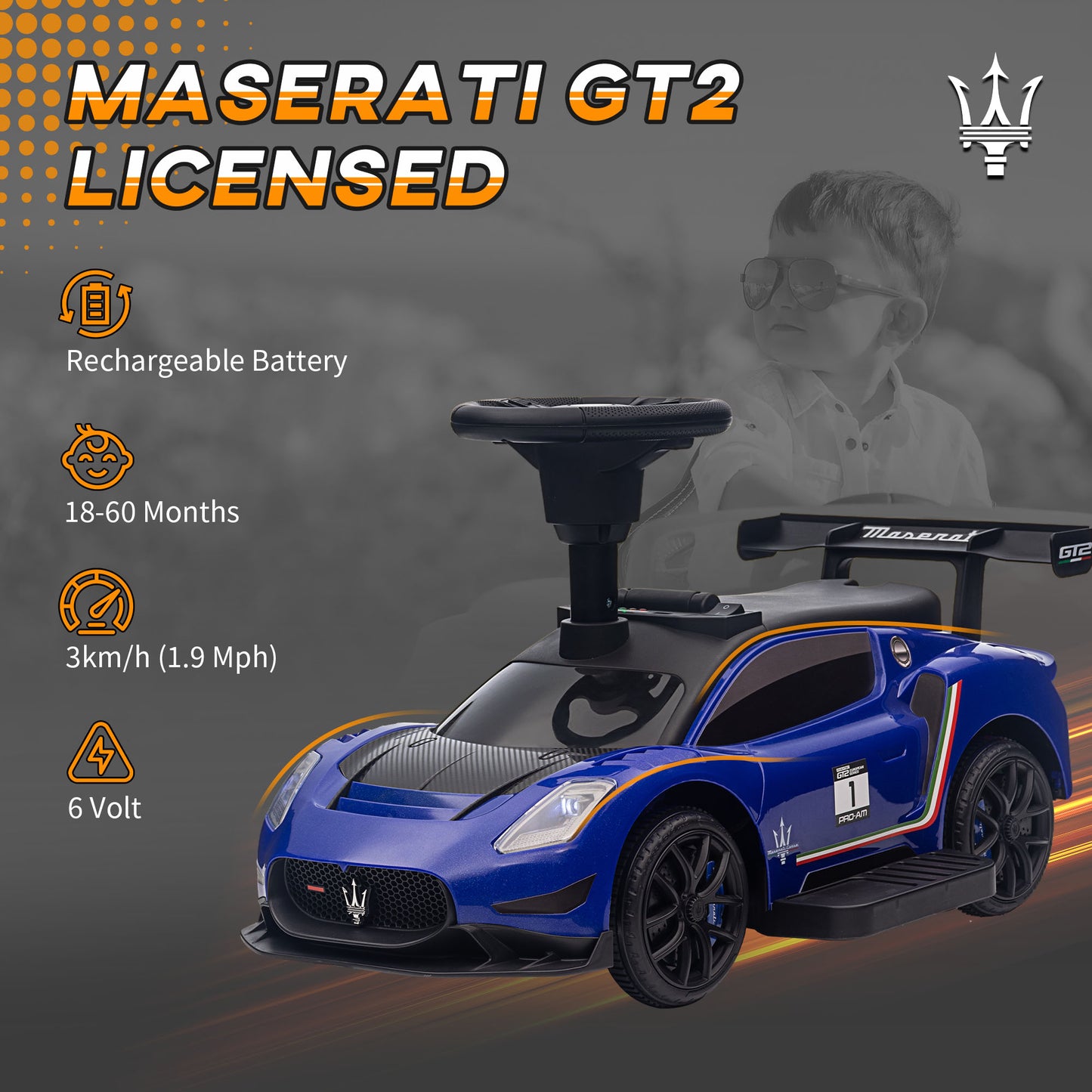 6V Maserati GT2 Licensed Electric Car for Kids, Ride on Car with Under Seat Storage, LED Headlights Music, Blue Kids Crystal