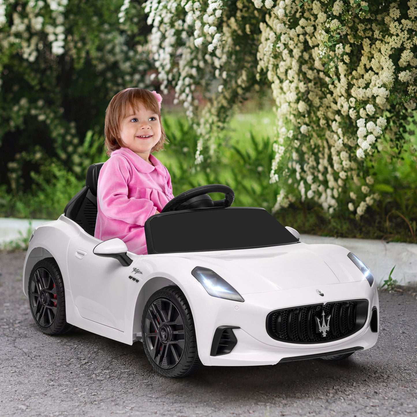 12V Maserati Gran Turismo Licensed Kids Electric Car w/ Remote Control, Soft Start, LED Lights, Music, Horn, MP3, White Kids Crystal