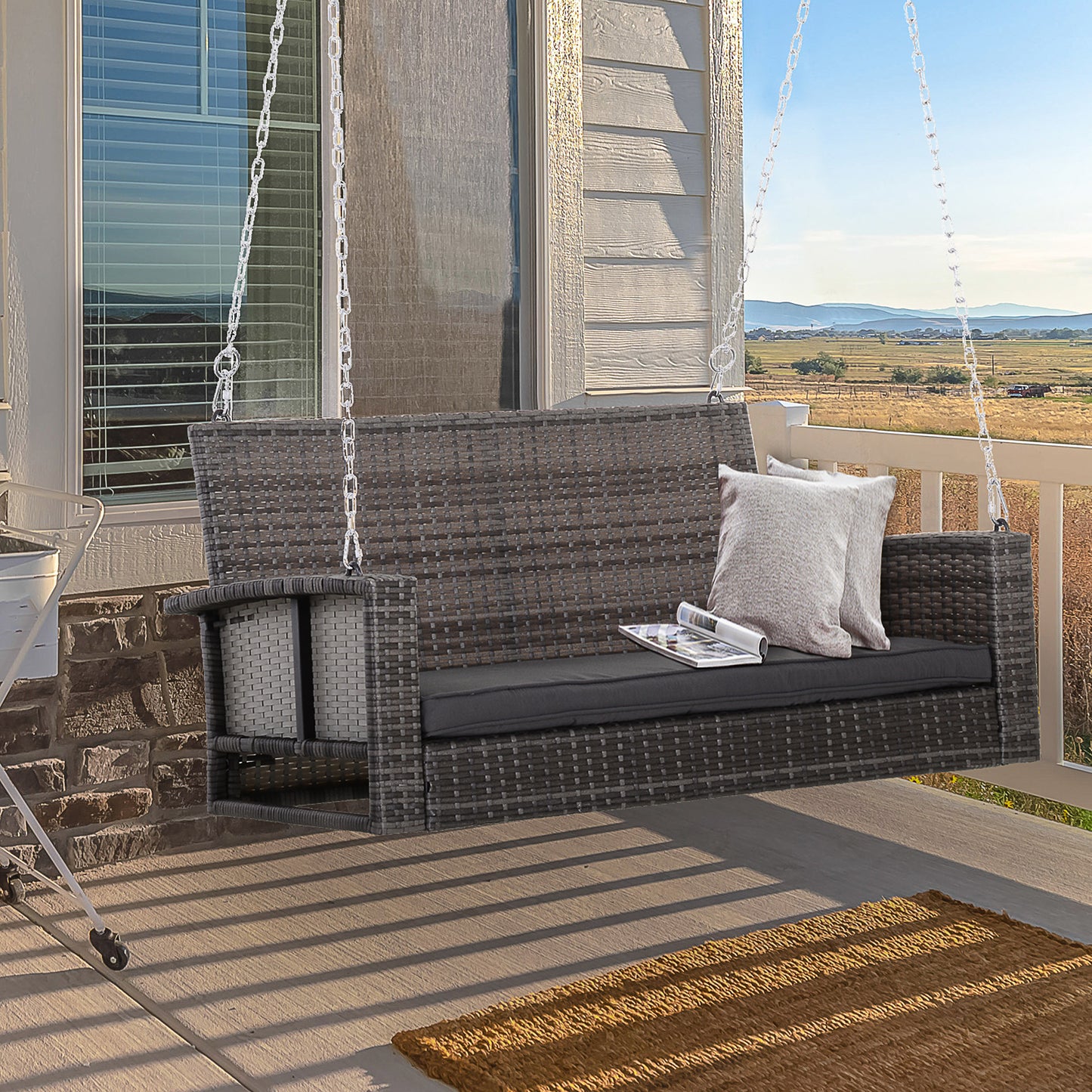 2-person Outdoor Wicker Porch Swing Chair Garden Rattan Hanging Bench with Cushion Yard Double Hammock Sun Lounge Seat, Grey Kids Crystal