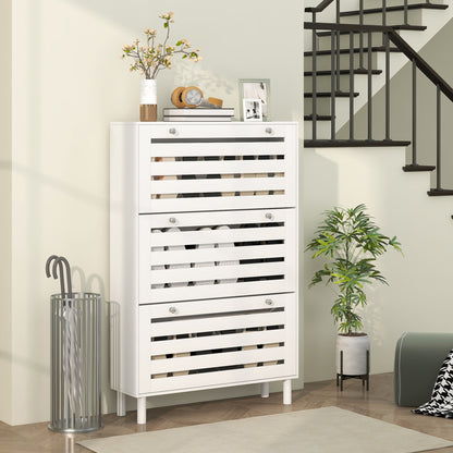 Narrow Shoe Storage Cabinet, 3 Flip Drawers, Adjustable Shelves, 24 Pairs Capacity, White