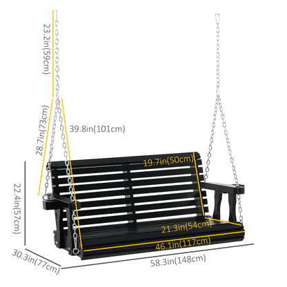 2 Seater Porch Swing Wooden Bench Chair Patio Outdoor Furniture Swing with Cup Holders Chains Garden Yard Black