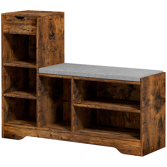 Upholstered Shoe Storage Bench w/ Seat, Entrance Bench w/ Drawer and 6 Open Shelves for Hallway, Rustic Brown Kids Crystal