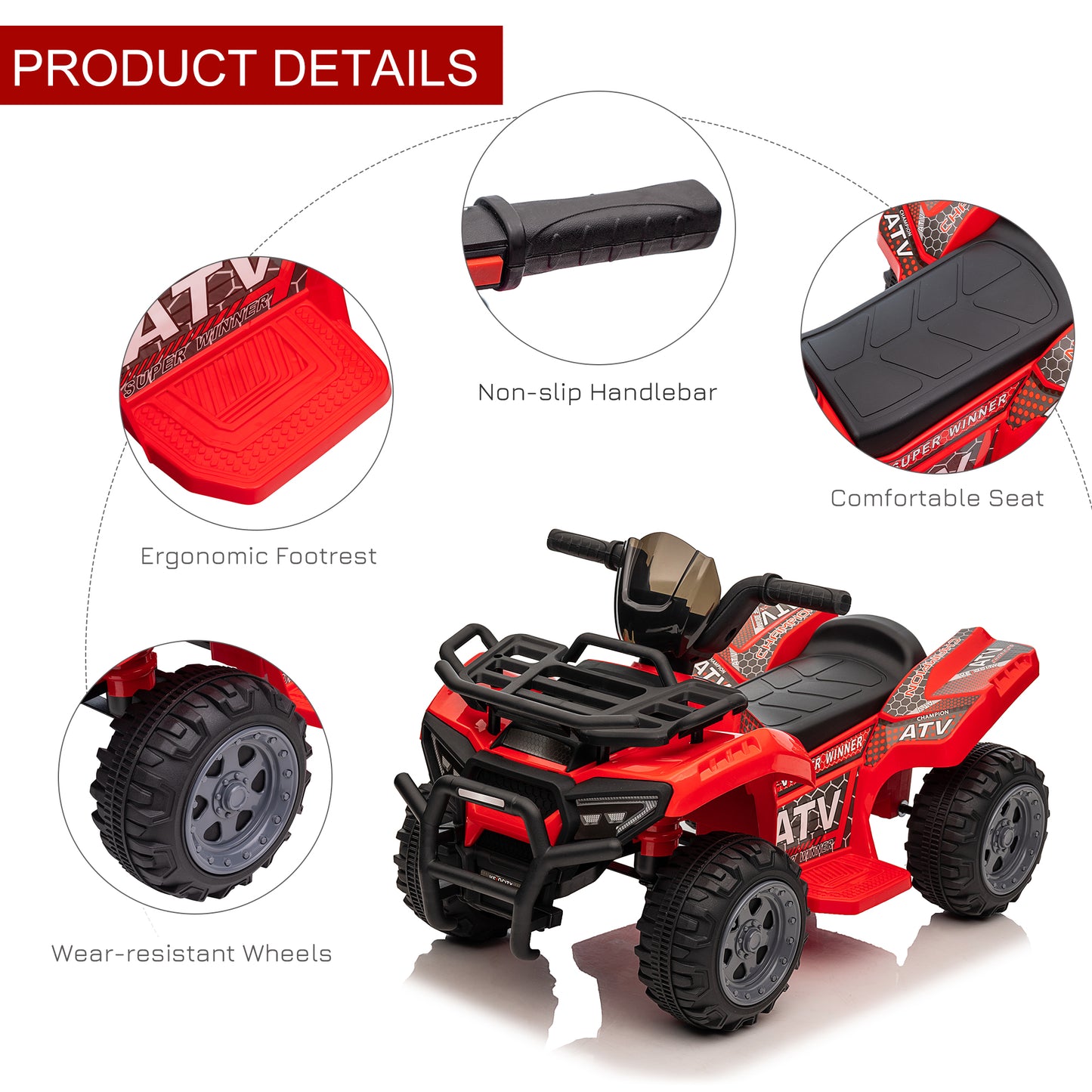 Ride-On ATV: 6V Battery Powered, Quad Bike, Headlights, For 18-36 Months, Red, Toddler Ride-On Kids Crystal