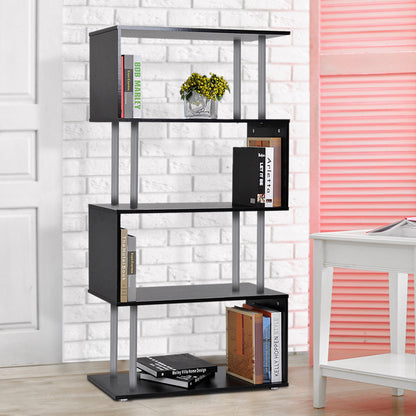 5-Tier Z-Shape Bookcase: Wooden Shelves with Steel Frame for Living Room, Bedroom, Office, Black